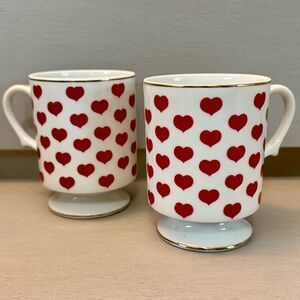 Vintage Lefton China Red Hearts Valentines Day His & Hers Footed Coffee Mugs (2)